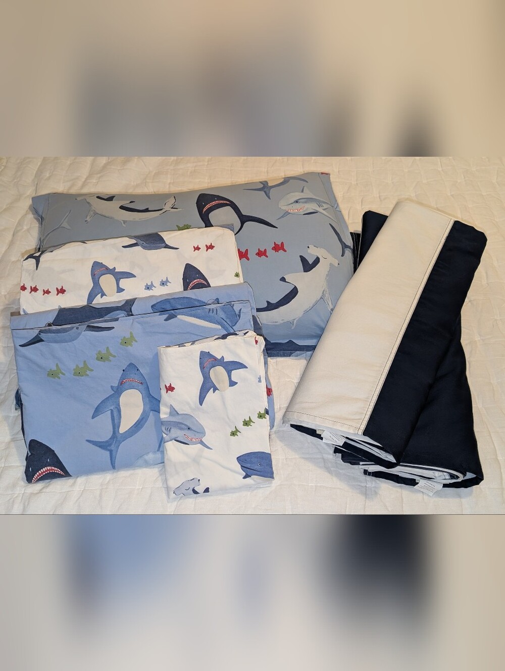 Pottery Barn Kids Shark Nautical Bedding  Blackout Curtains Duvet Flat Sheet